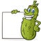 Grinning pickle cartoon holding a large blank poster sign