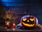 Grinning pumpkin lantern or jack-o\'-lantern