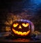 Grinning pumpkin lantern or jack-o`-lantern.