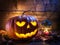 Grinning pumpkin lantern or jack-o`-lantern is one of the symbol