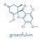 Griseofulvin antimycotic drug molecule. Used to treat fungal infections of the skin and nails. Skeletal formula.