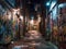 Gritty cyberpunk alley with graffiti figures