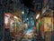 Gritty cyberpunk alley with graffiti figures