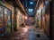 Gritty cyberpunk alley with graffiti figures