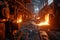 A gritty and dramatic industrial steel mill interior, where molten metal is poured with radiant heat, illuminating the