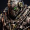Gritty, steampunk-style robot with cybernetic enhancements and neon accents