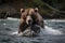 Grizzly Bear Catching Salmon In A Rushing River. Generative AI