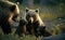 Grizzly bear cubs playing with their mother and father in the morning, generative AI