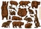 Grizzly bear and hares set. Collection of Rabbits and Brown wild animals in different poses. Forest bunny or coney. Hand