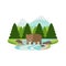 Grizzly Bear in the River Pine Forest and Mountain Landscape Vector