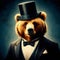 Grizzly bear wearing tuxedo suits and black top hat in oil painting art style on abstract nature, sky, and cloud background