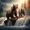 Grizzly bears on waterfall