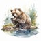 A grizzly brown bear eating salmon on the shore, A wild coastal brown bear catching fish in the river painted watercolor