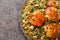 Groats Freekeh with chicken is such a well rounded Arabic meal closeup in the plate. Horizontal top view