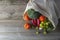 Groceries in eco bag. Eco natural bag with fruits and vegetables. Zero waste food shopping. Plastic free items. reuse, reduce,