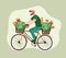 Grocery acquisition, Courier on bike delivers fresh vegetables and fruits from a supermarket. Green logistics