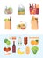 Grocery bags. Shopping basket market bagged food milk vegetables meat vector colorful set