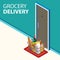Grocery Delivery online concept. Door with supermarket basket with fresh vegetables, food and beverage. Modern concept