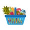 Grocery food basket different goods such as fruits and vegetables, meat and wine, milk and bread