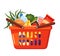 Grocery food basket vector flat illustration. Plastic supermarket cart with handle