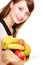 Grocery. Girl holding paper shopping bag with fruits