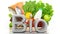 Grocery paper bag closeup with healthy products and Bio 3D word