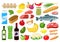 Grocery products. Food shopping vegetables, milk, meat, bread, cheese and fruits, healthy everyday meal groceries vector