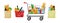 Grocery purchase set. Paper package, shopping basket and trolley, textile bag with products. Foods and drinks, vegetables and