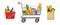 Grocery purchase set. Shopping basket and trolley, paper package with products. Foods and drinks, vegetables and fruits. Vector