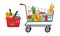 Grocery purchase set. Shopping basket and trolley with products. Foods and drinks, vegetables and fruits. Vector