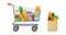 Grocery purchase vector set. Shopping trolley, paper package with groceries. Foods and drinks, vegetables and fruits, bakery