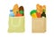 Grocery purchase vector set. Textile bag and paper package with products. Foods and drinks, vegetables and fruits