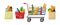 Grocery purchase vector set. Textile bag, shopping basket and trolley, paper package with products. Foods and drinks, vegetables