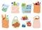 Grocery shop bag. Supermarket buying, foods in packaging. Cartoon baskets, paper bags with goods. Eco lifestyle, fruit