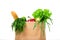 Grocery shop bag with vegetables, salad, bread and other groceries. Isolated