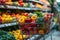 Grocery shopping cart brimming with fresh produce, abundant harvest