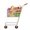 Grocery shopping cart with products. Full supermarket food basket. Supermarket