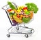 Grocery shopping cart with vegetables and fruits.