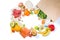 Grocery shopping concept. Balanced diet concept. Fresh foods with shopping bag on white background