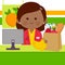 Grocery store employee at the counter filling a shopping bag with groceries. Vector illustration