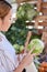 Grocery store, lettuce and Asian woman shopping and looking at vegetable quality and sale. Customer holding and checking