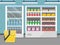 Grocery store showcase. Shop food store inside the supermarket checkout vector background