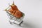 Grocery trolley with ugly carrot on white background. Concept environmental shopping, Organic food