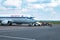 GRODNO, BELARUS - AUGUST 2019: crowd of tourists near the plane awaiting flight. Aircraft that await passengers