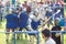 GRODNO, BELARUS - JUNE 2019: group of medieval jousting knight fight, in armor, helmets, chain mail with axes and swords on lists