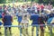 GRODNO, BELARUS - JUNE 2019: group of medieval jousting knight fight, in armor, helmets, chain mail with axes and swords on lists