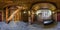 GRODNO, BELARUS - MAY 2019: Full spherical seamless hdri panorama 360 degrees inside interior of old medieval hallway in wooden