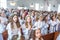 GRODNO, BELARUS - MAY 2019: Young children in the Catholic Church are waiting for the first eucharist communion. Little angels in