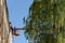 Grodno, Belarus, October 11, 2018: Two builders repairing the roof of a old brick building. People on the crane platform. Crane on