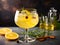Grog or Punch drink. Warm alcoholic cocktail made of rum, sugar and lemon juice on dark background. White wine sangria. Autumn or